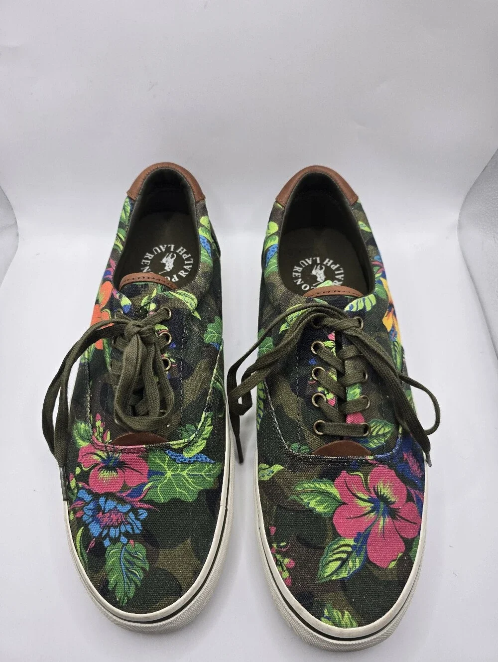 Polo Ralph Lauren Green Tropical Floral Camo Deck Sneakers. Mens 10 D
